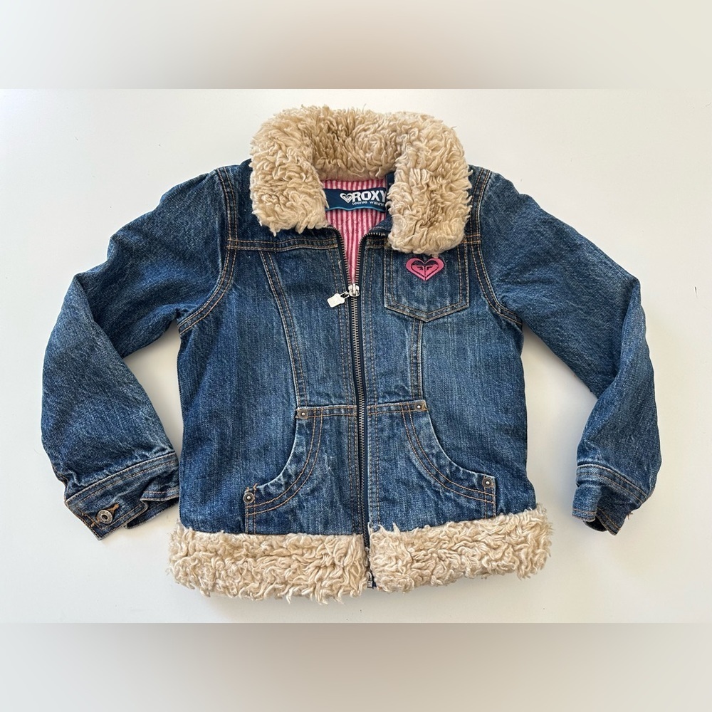 Vintage Girls ROXY Shaggy Faux Fur Lined Collar Zip Up Denim Jean Jacket Size 5
